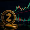 A gold Zcash token stands in front of a rising cryptocurrency price chart.