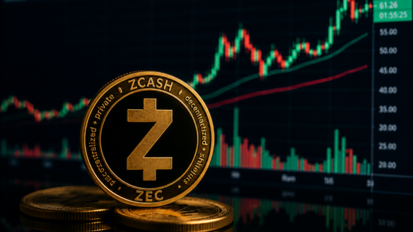 A gold Zcash token stands in front of a rising cryptocurrency price chart.