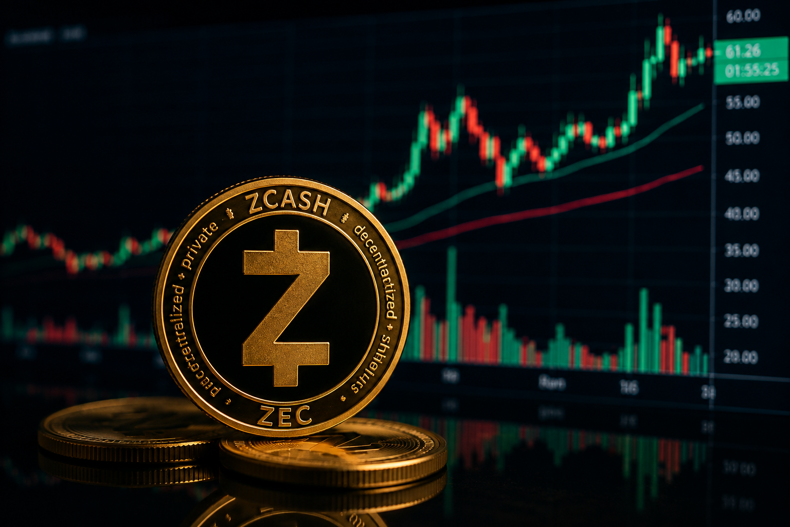A gold Zcash token stands in front of a rising cryptocurrency price chart.
